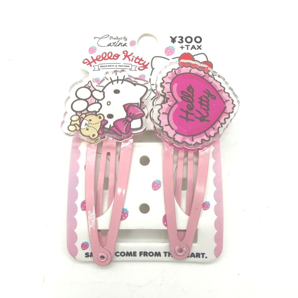 Sanrio Hello Kitty Pink Acrylic Hair Clip Set 2pc Heart Strawberry Kawaii Japan